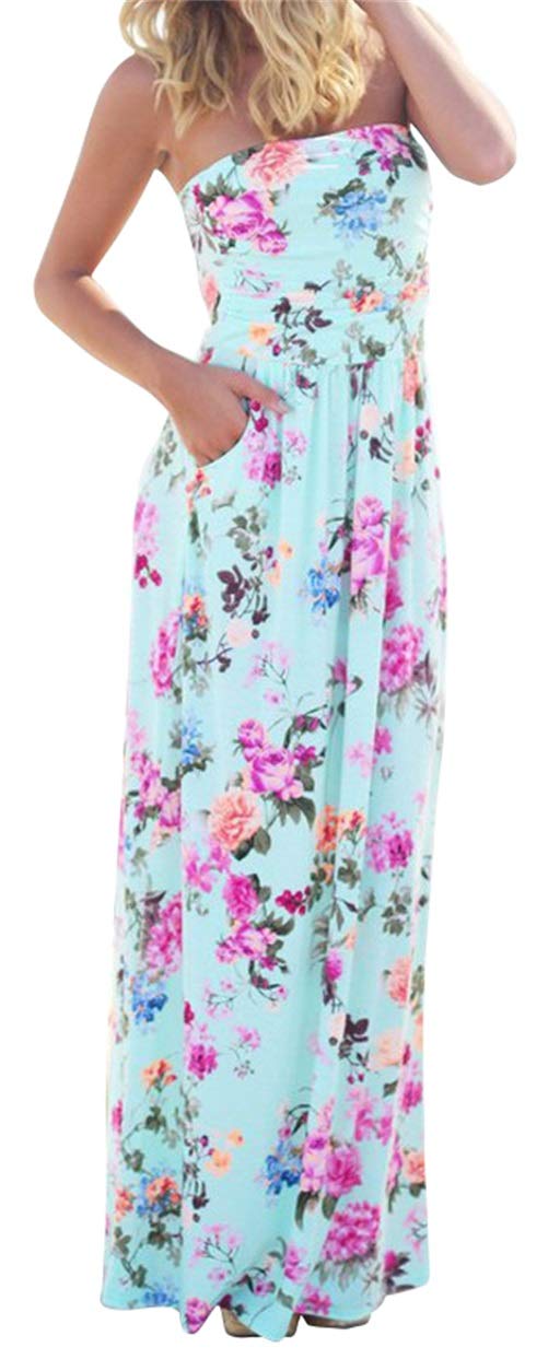 PRIMODA Women's Strapless Tube Top Maxi Dress - Floral Boho Beach Dress with Pockets | Summer Vacation, Pool Party, Wedding Guest Outfit