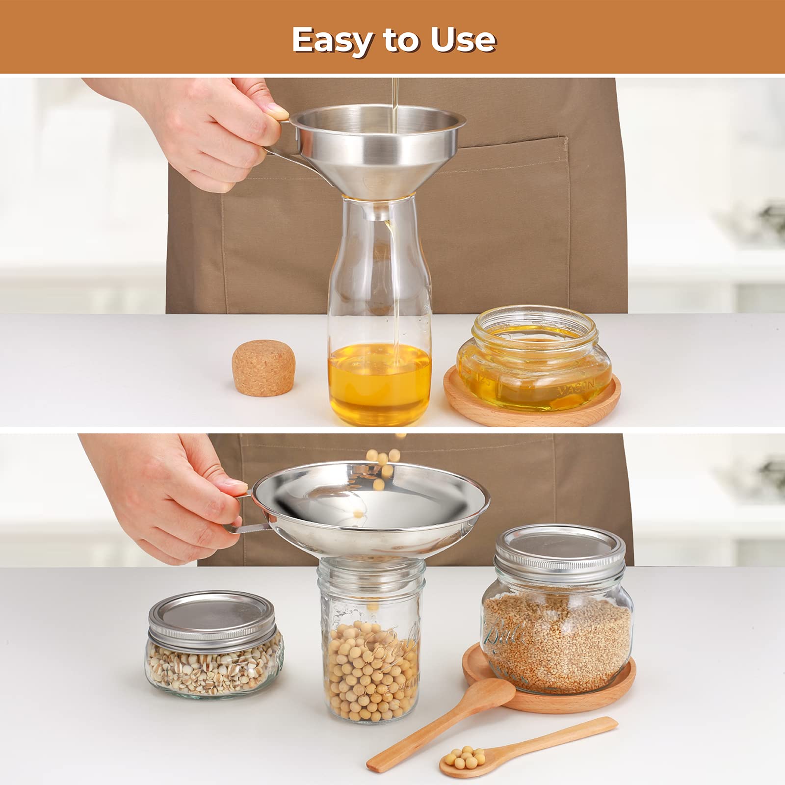 Stainless Steel Canning Funnel Set for Wide Mouth & Regular Mason Jars - Kitchen Funnel with Strainer for Bottles, Oil, Jam, Grains - Perfect for Home Canning, Food Storage & Meal Prep