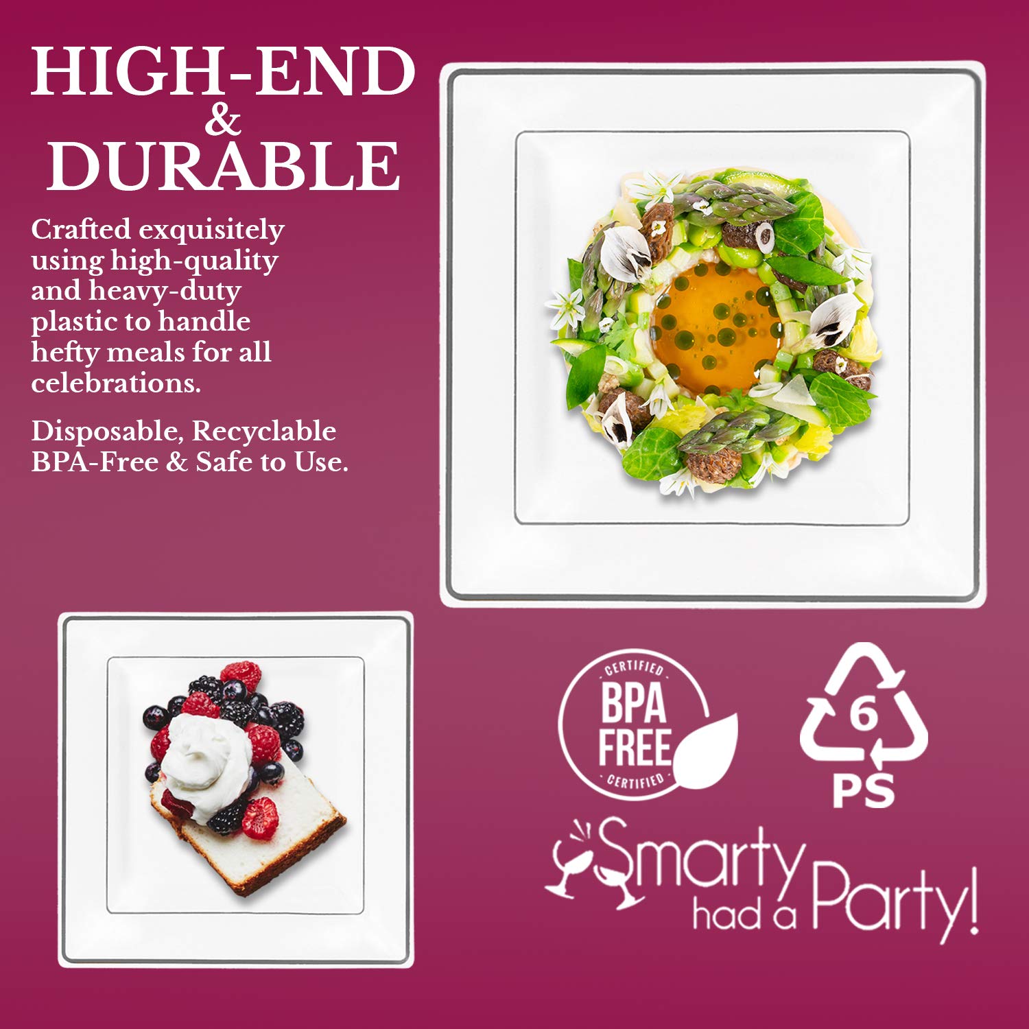 Premium Heavy Duty Disposable Plastic Dinnerware Sets - Elegant Square Plates for Weddings, Birthdays & Special Events (White with Silver Trim, 120-Piece Combo Set) | Perfect for Catering, Party Decor & Large Gatherings