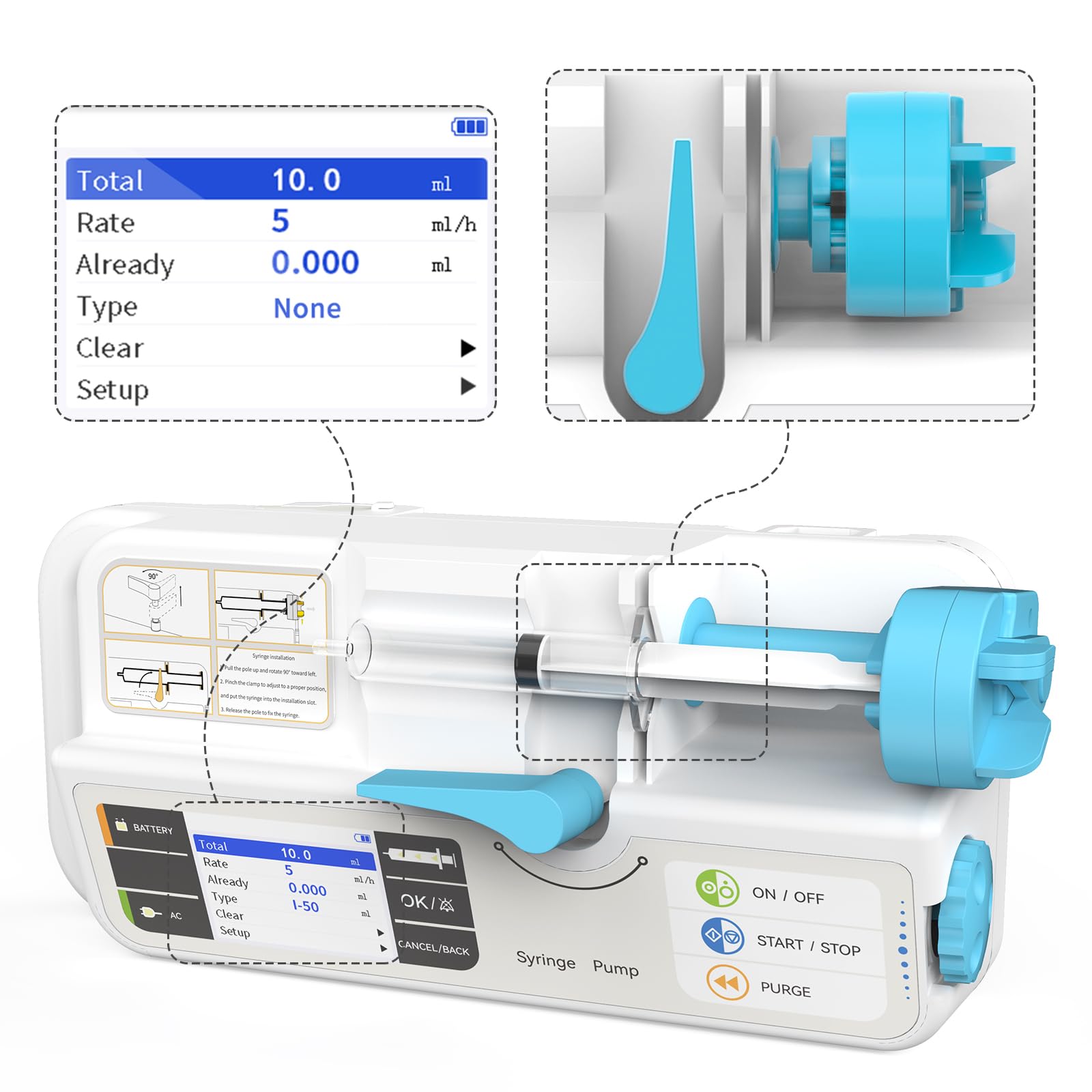 CONTEC SP950 Rechargeable Veterinary Syringe Pump with KVO, Adjustable Occlusion Threshold Alarm & Calibration - Perfect for Animal Clinics, Veterinary Hospitals & Laboratory Infusion Therapy