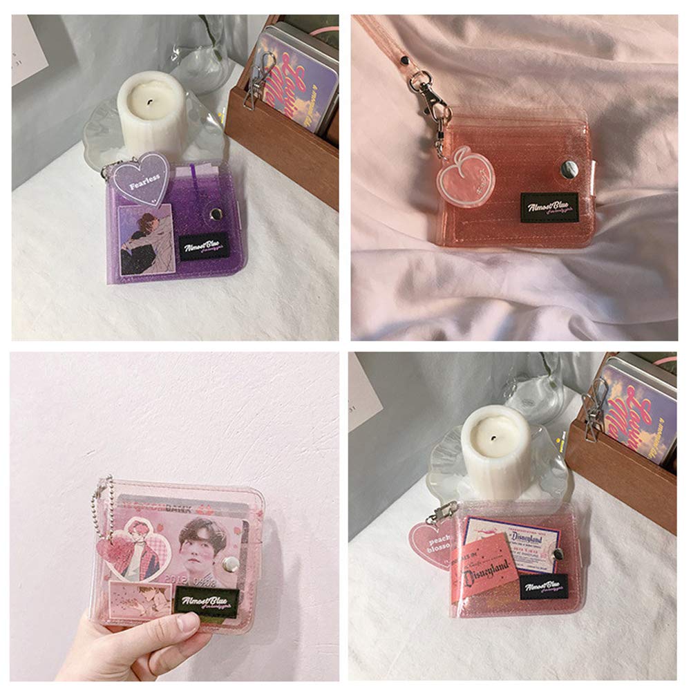 Clear PVC Glitter Card Holder Wallet for Women - Transparent ID Case with Neck Lanyard, Folding Design for Cash, Coins & Photos (Pink) - Perfect for Travel, Work & Everyday Use