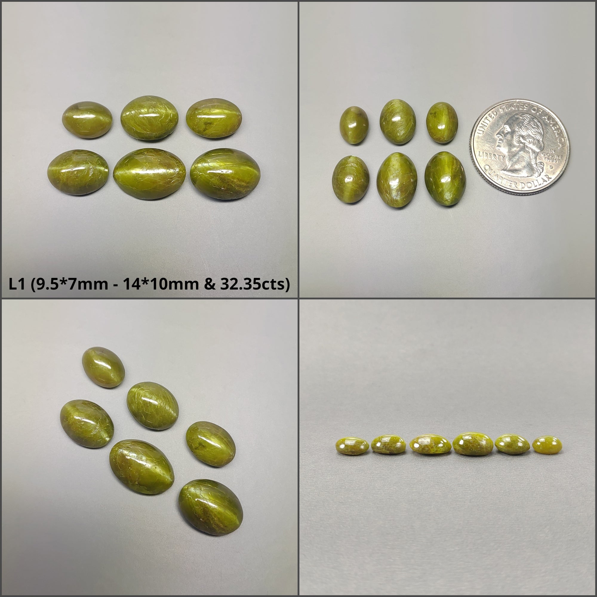 Natural Untreated Chrysoberyl Cat's Eye Gemstone Cabochon - Oval Shape (6pcs/7pcs/9pcs) | Healing Crystal for Jewelry Making, Meditation & Energy Work