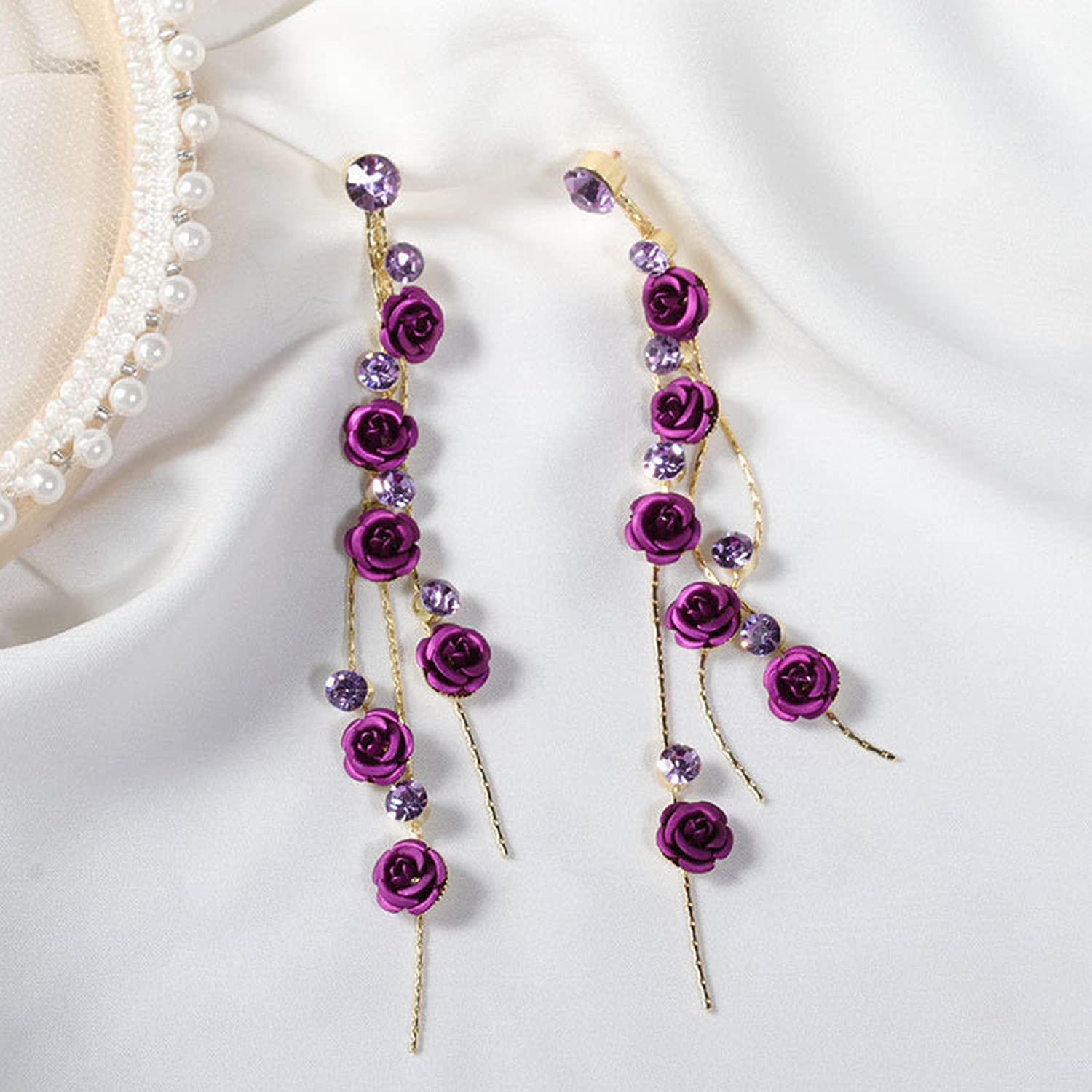 3D Rose Flower Crystal Long Tassel Drop Earrings for Women | CZ Rhinestone Rose Fashion Jewelry | Purple & Red Dangle Earrings | Perfect for Weddings, Parties & Gifts | Elegant Evening Wear & Special Occasion Accessories