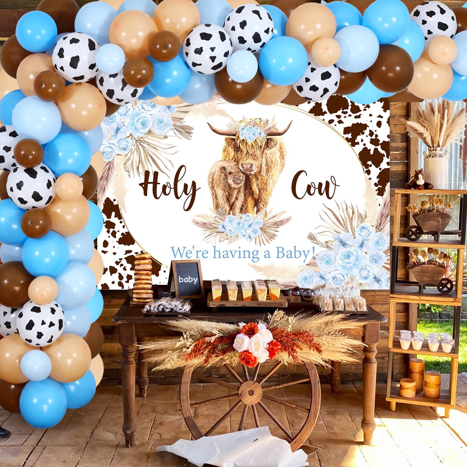 JOYMEMO Highland Cow Baby Shower Decorations for Boys - Blue Balloon Garland Arch Kit with Holy Cow Backdrop, Boho Floral Highland Cattle Theme Party Supplies | Perfect for Baby Showers, Gender Reveals & Nursery Decorations