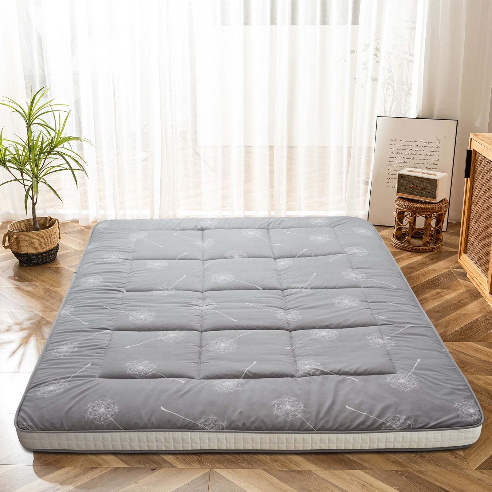 MAXYOYO Japanese Floor Futon Mattress - Grey Dandelion Pattern, Foldable Sleeping Mat for Guest Bed, Meditation & Small Space Living