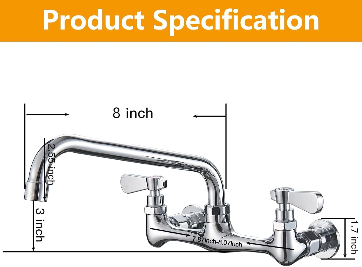 8 Inch Wall Mount Commercial Kitchen Sink Faucet - Double Handle Bar Laundry Utility Faucet with Swivel Spout, Chrome Mixer Tap for Restaurants, Bars & Home Kitchens