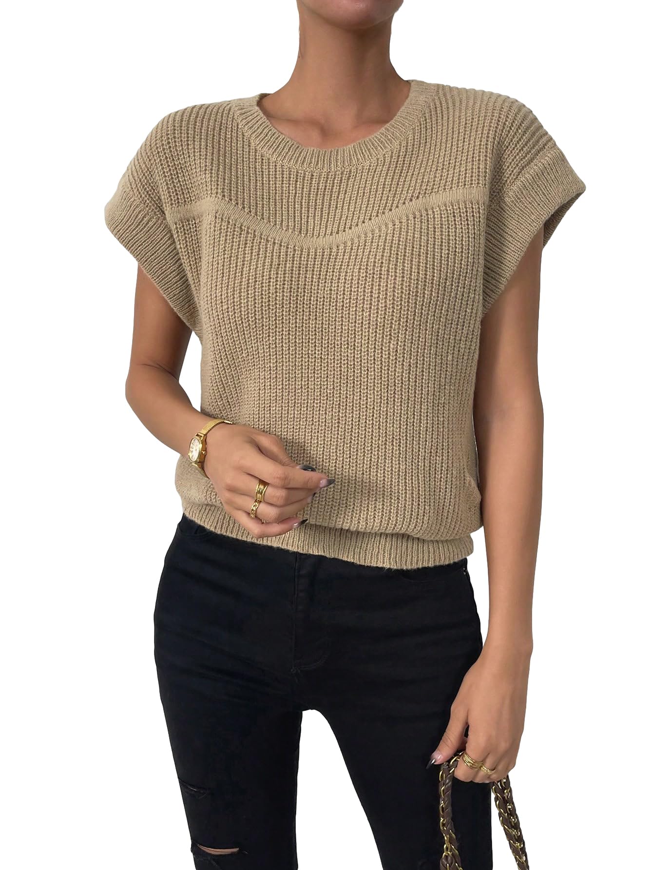 Milumia Women's Casual Knit Pullover Sweater - Soft Crew Neck Cap Sleeve Top for Everyday Wear | Perfect for Office, Weekend Outings & Layering in Fall/Winter