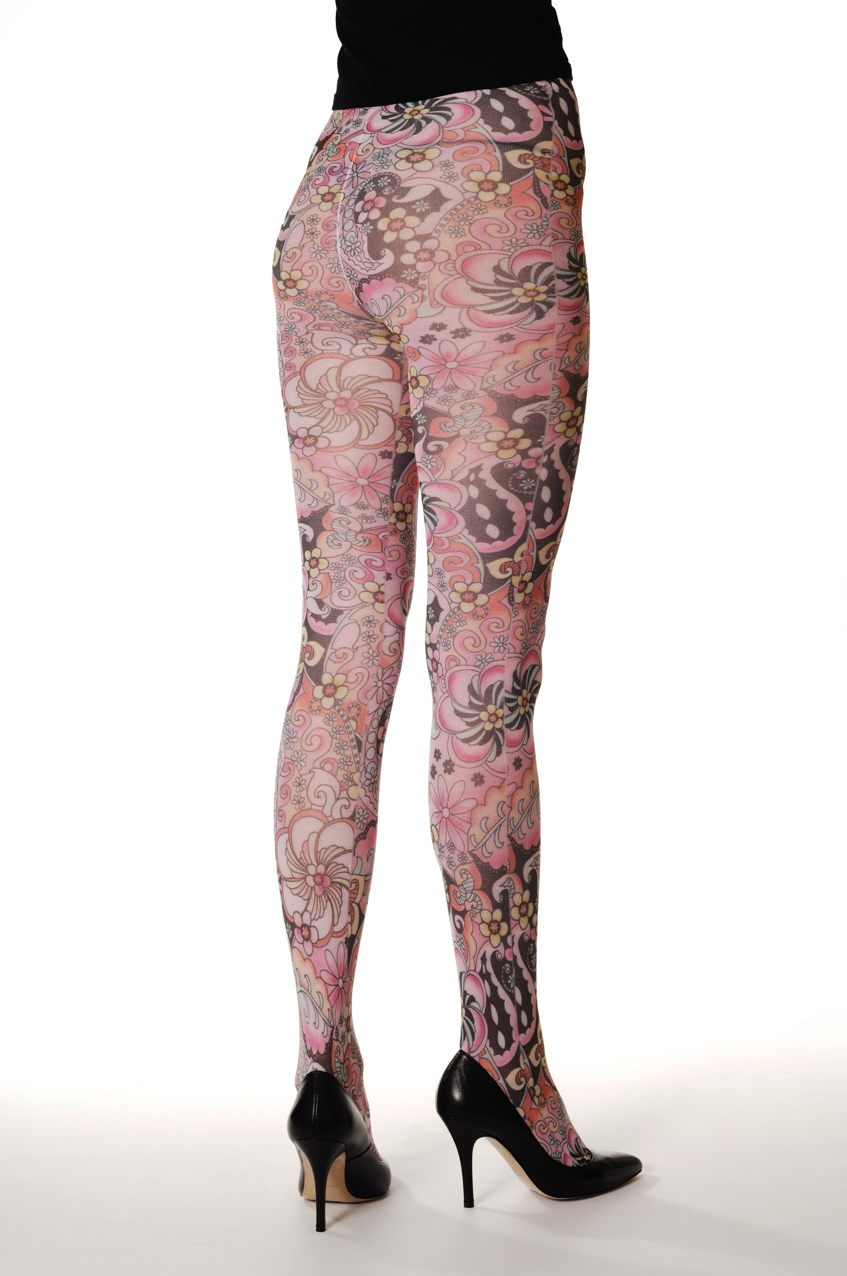 LissKiss White & Pink Floral Opaque Tattoo Pantyhose - Sexy Sheer Tights for Women, Fashionable Legwear for Parties, Cosplay & Everyday Wear