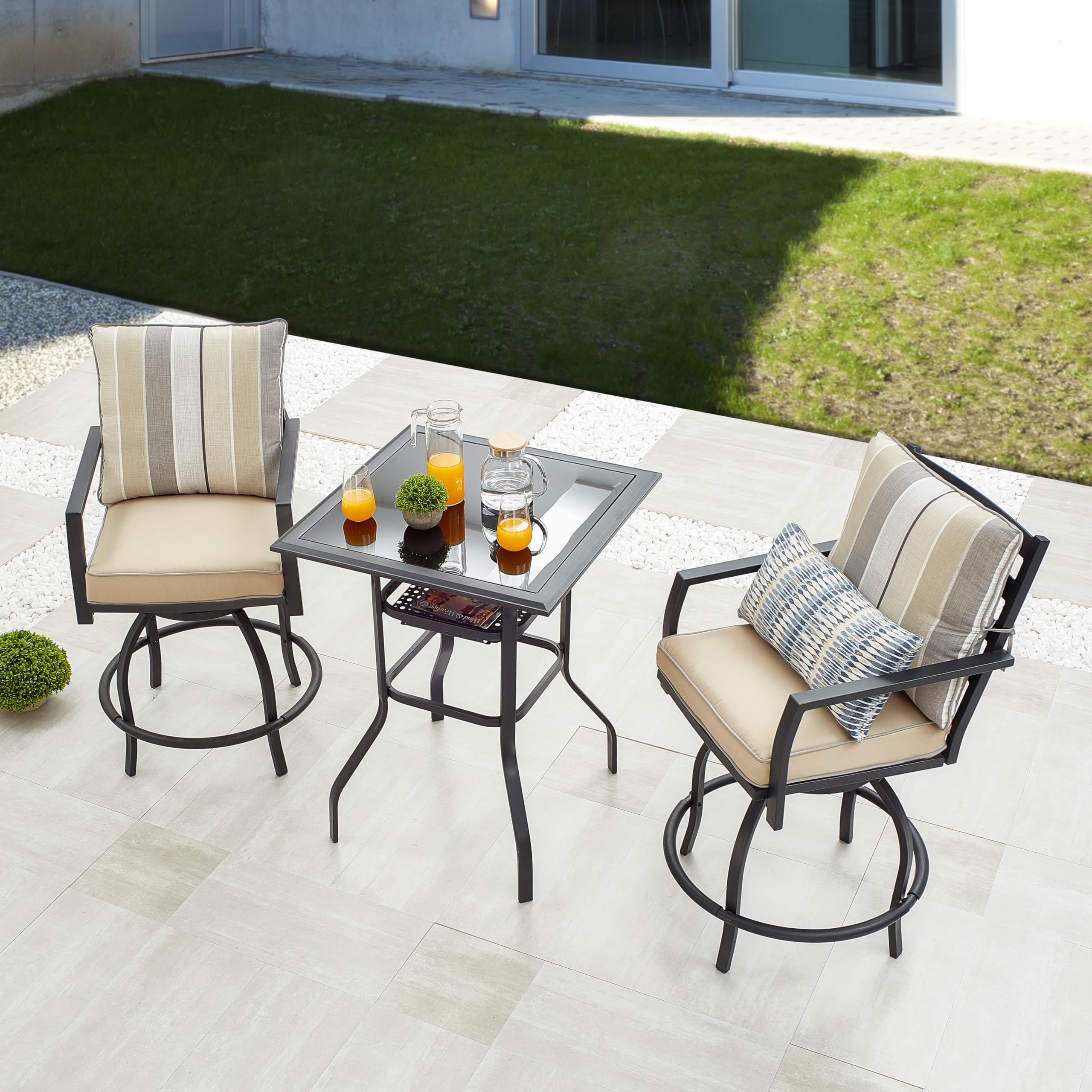 LOKATSE HOME 3-Piece Outdoor Patio Bistro Set with Swivel Bar Stools & Glass Top Table - White Cushioned Seating for Garden, Balcony or Poolside Relaxation