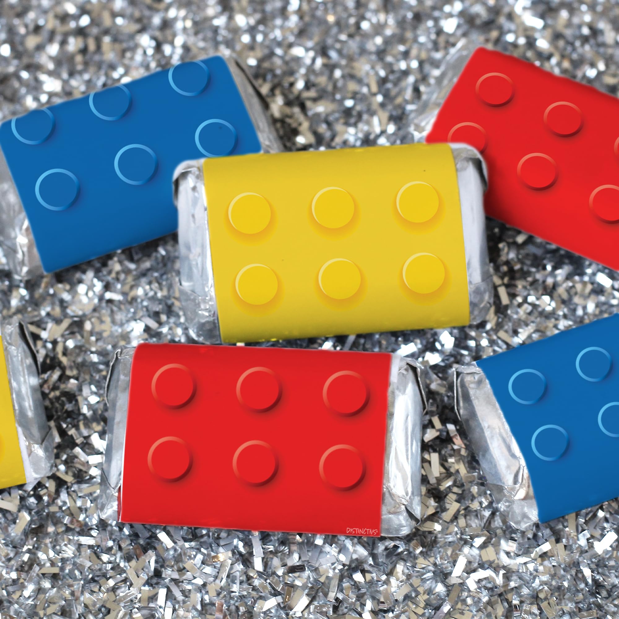 DIY Building Blocks Birthday Party Mini Candy Bar Wrappers - 45pcs Fun Lego-Style Stickers for Kids Party Favors, Classroom Rewards & Candy Packaging