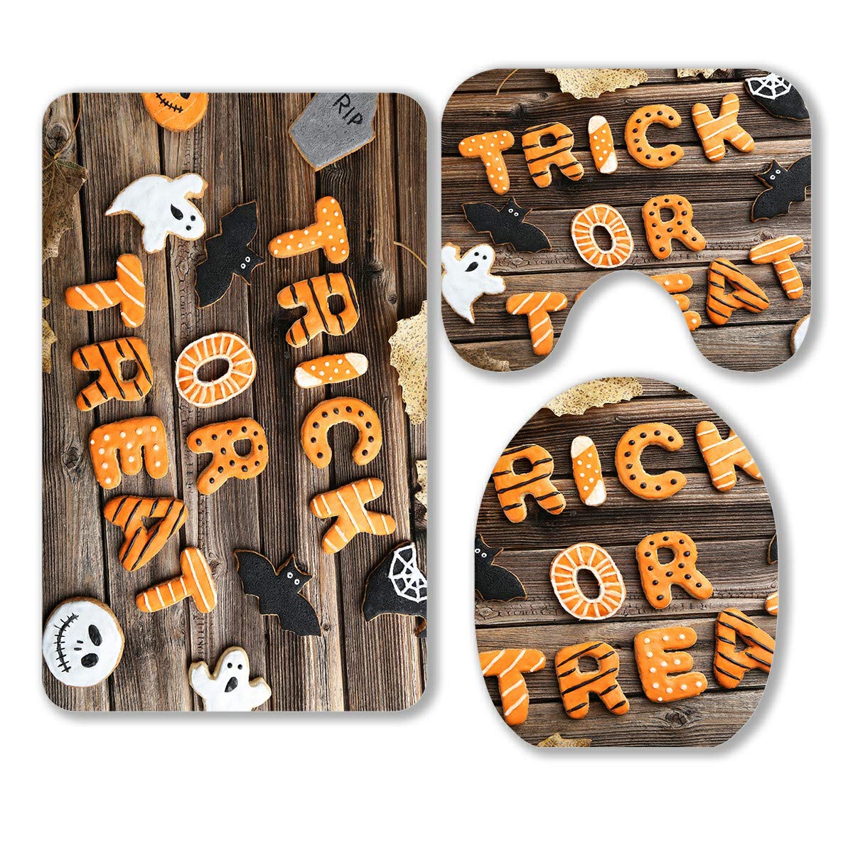 Halloween Gingerbread Cookies Brown Wooden Table 3-Piece Bathroom Rug Set - Non-Slip Bath Mat, Contour Mat & Toilet Lid Cover for Cozy Fall Decor | Perfect for Halloween, Thanksgiving & Christmas Bathroom Decorations