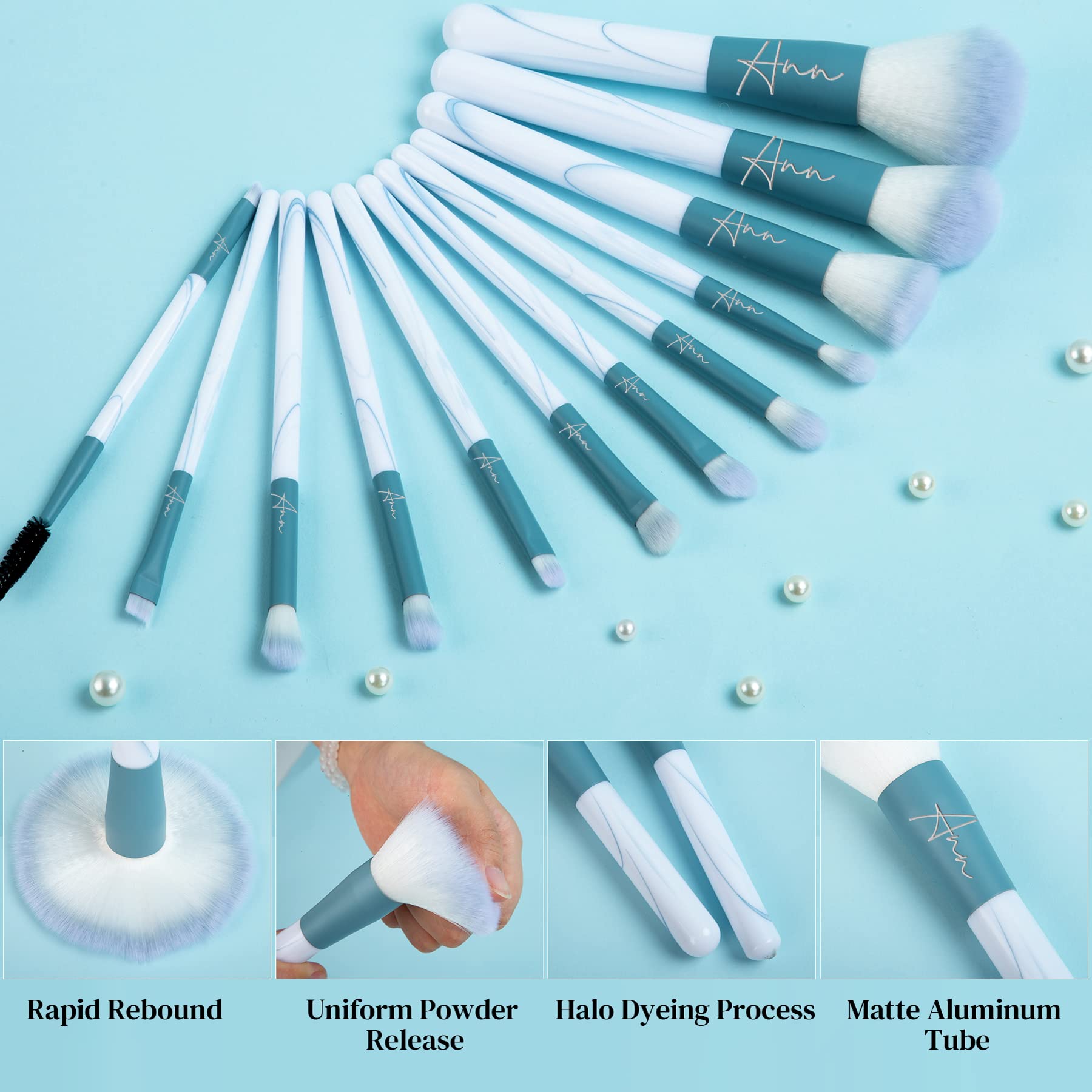 Flycalf 12-Piece Professional Makeup Brush Set - Soft Velvet Cosmetic Brushes for Foundation, Powder, Concealer & Eyeshadow (Blue & White Handle) - Perfect Travel Makeup Kit for Everyday Beauty Routine & Professional Makeup Application
