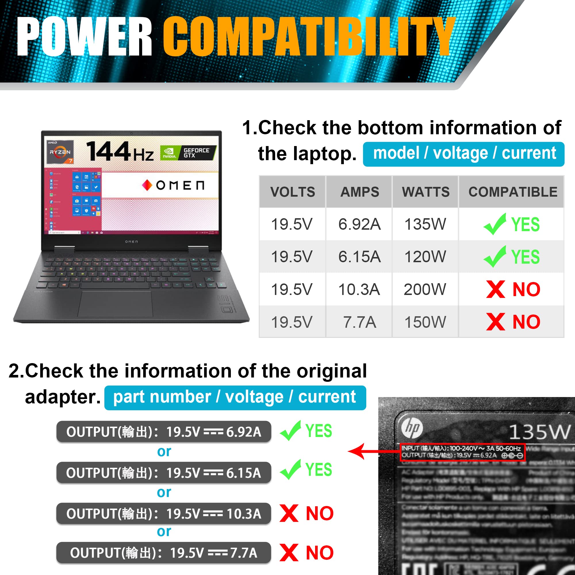 135W 19.5V 6.9A AC Adapter Laptop Charger Compatible with HP Spectre x360 15t-df100 CTO, HP Pavilion Gaming 15 17 ec0013dx 15-ec0751ms - Replacement Power Cord for HP Laptops - Perfect for Home, Office & Travel Use