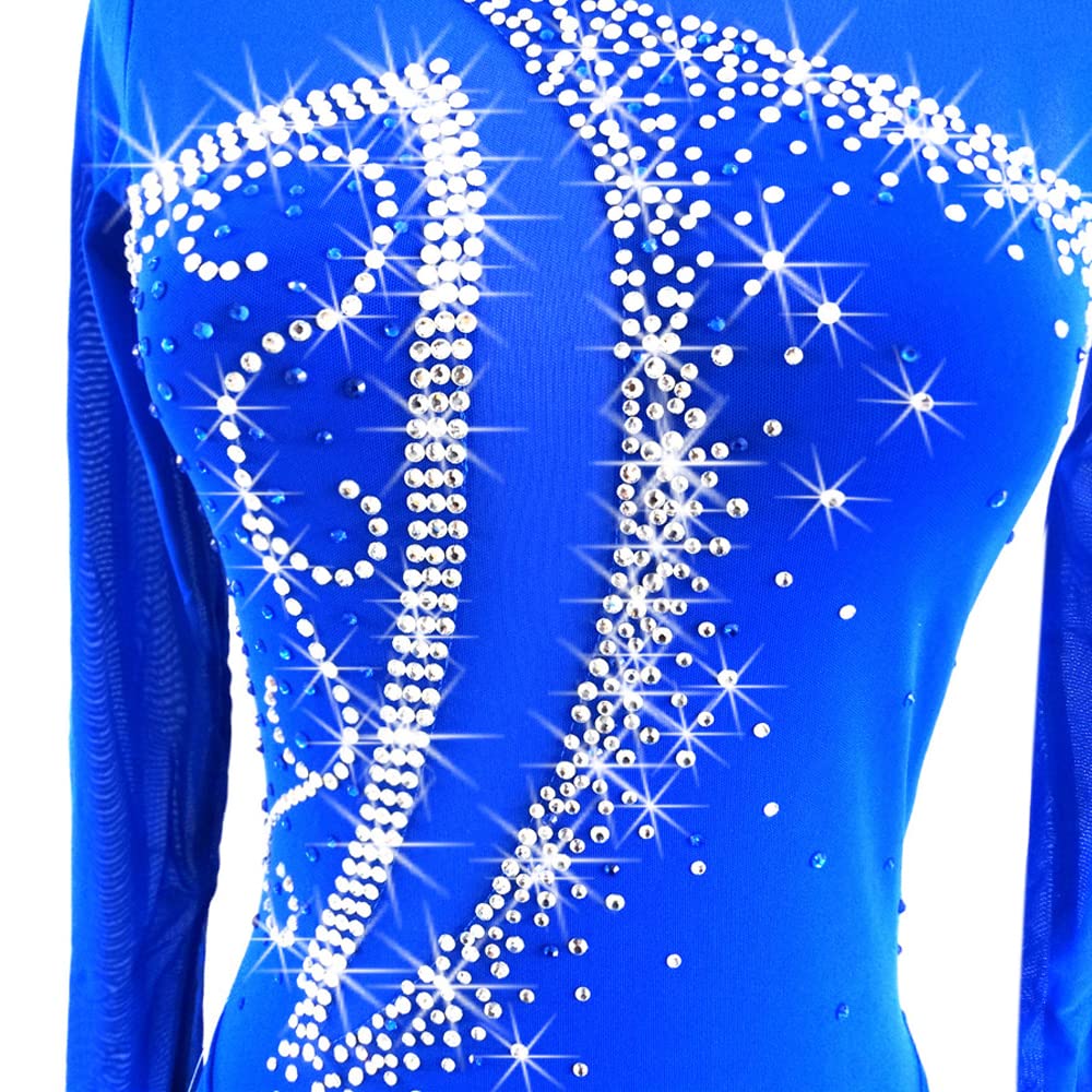 LIUHUO Blue Ice Figure Skating Dress for Girls & Women - Backless Long-Sleeve Beaded Competition Dress with Rhinestones | Perfect for Ice Shows, Performances & Dance Recitals