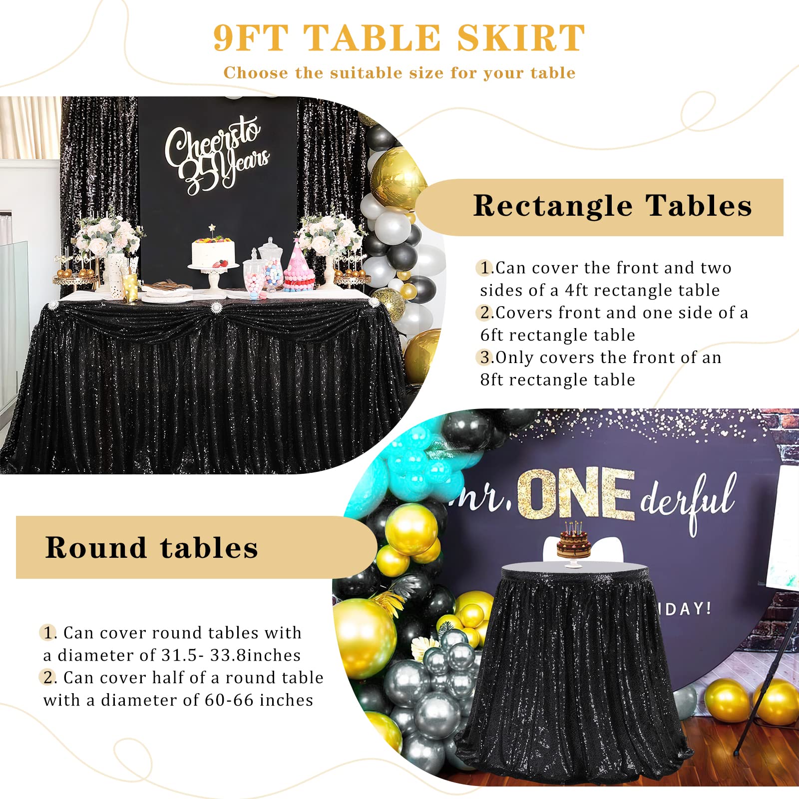 9ft Black Sequin Table Skirt for Round, Rectangle & Square Tables - Perfect for Birthday Parties, Baby Showers & Home Decor
