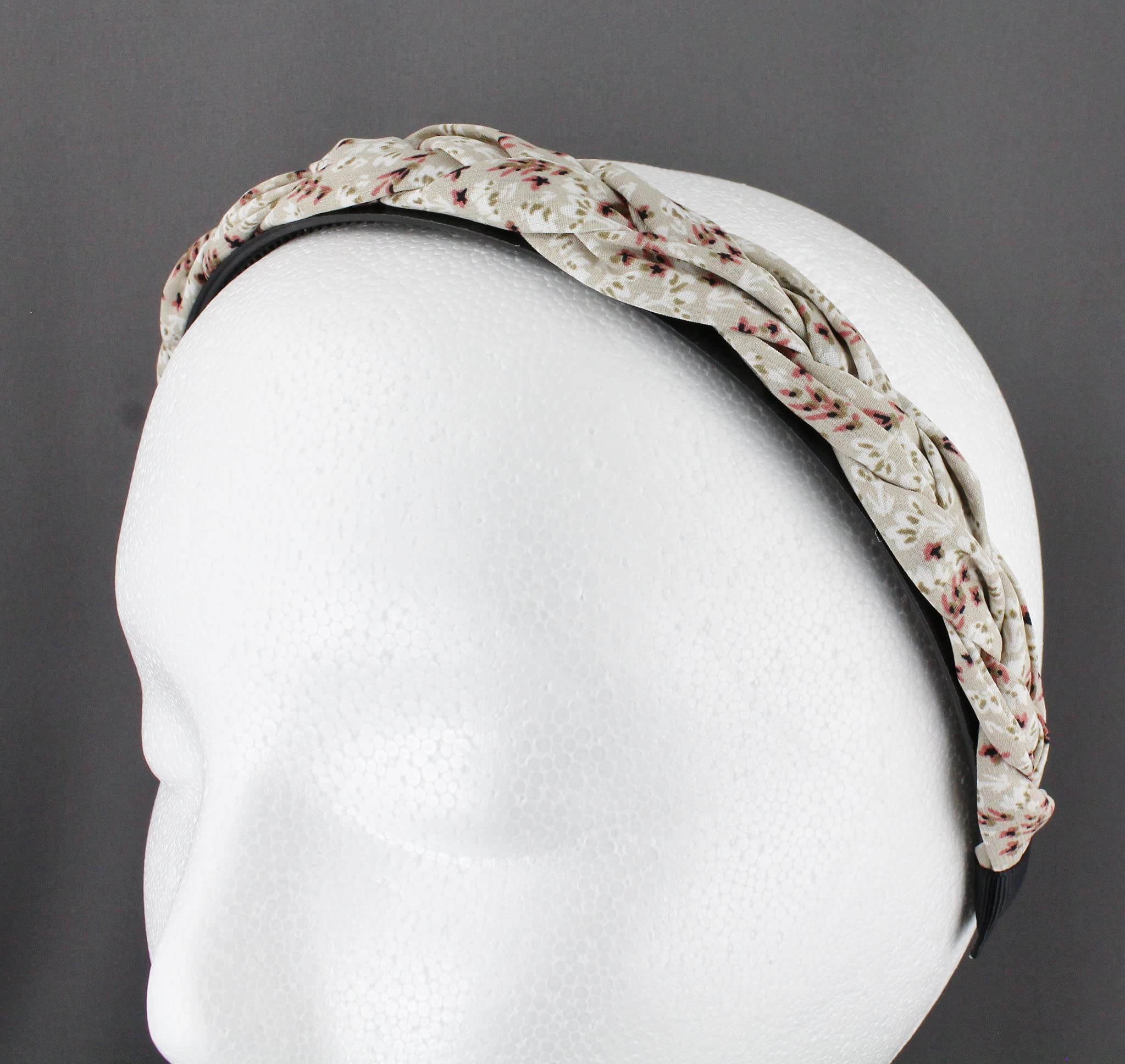 Beige Floral Braided Headband - Soft Fabric Covered Hair Band with Grip Teeth & Braid Flowers - 1 Inch Wide - Perfect for Weddings, Parties & Everyday Wear