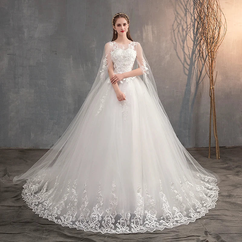 Elegant Long Sleeve Lace Wedding Dress with Long Train & Embroidery - Plus Size Princess Bridal Gown for Church, Beach, or Ballroom Ceremonies