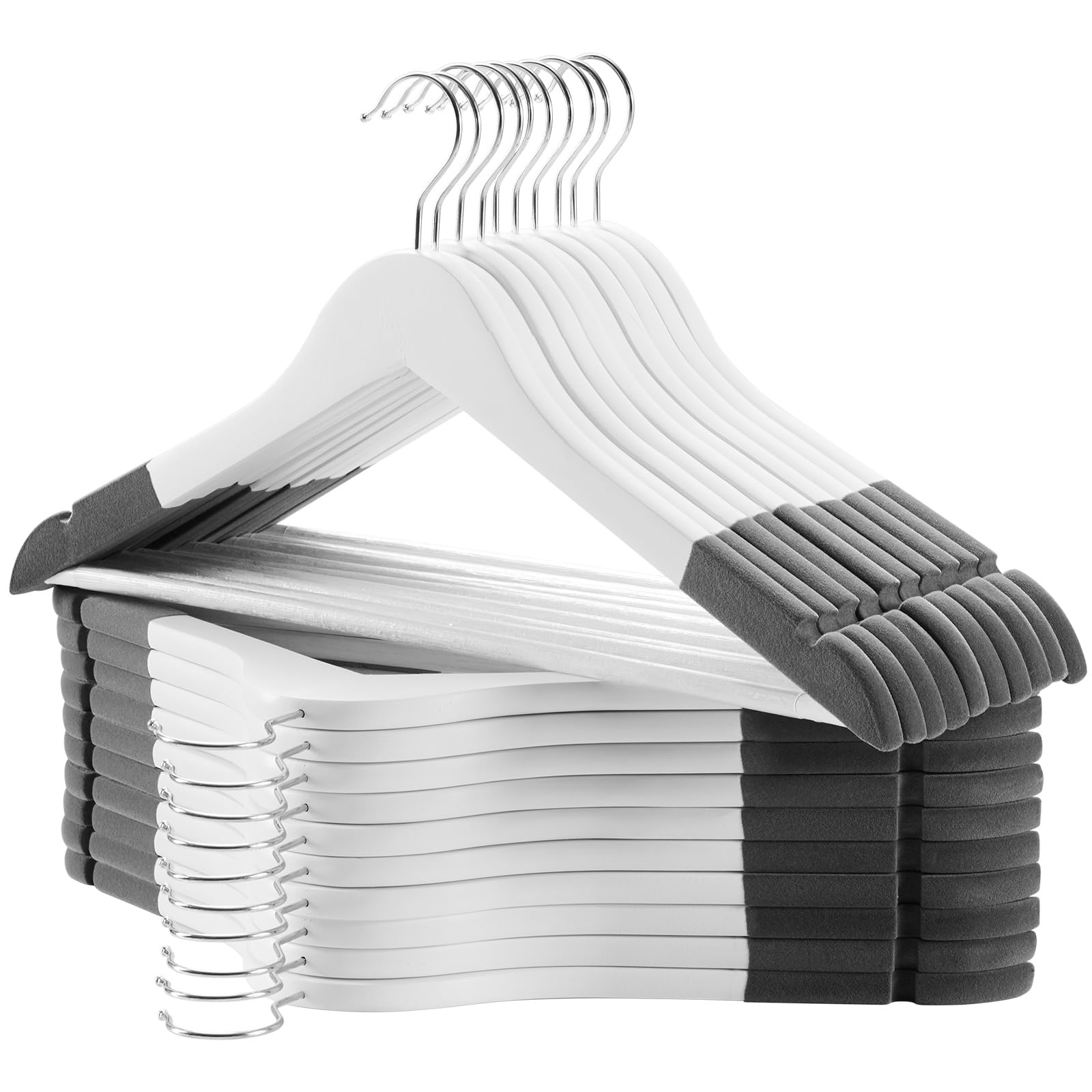 TECHMILLY 20-Pack Solid Natural Wooden Coat Hangers - Heavy Duty Smooth Finish Suit Hangers with Non-Slip Pant Bar, Precise Cut Notches & Chrome Swivel Hook - Perfect for Closet, Wardrobe & Garment Organization in Home, Office or Boutique