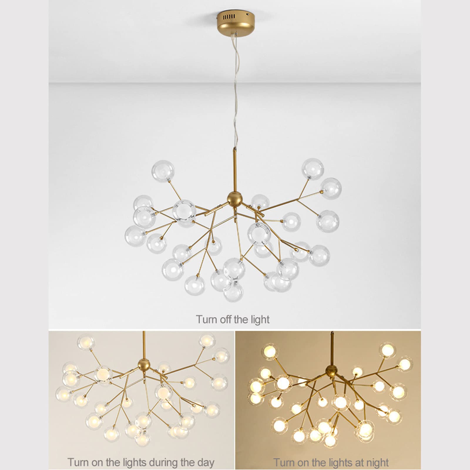 63-Lights LED Glass Ball Chandelier - Modern Firefly Pendant Light with Gold Finish & Stepless Dimming - Creative Sputnik Hanging Lamp for Living Room, Bedroom, Restaurant, Cafe, Bar & Wedding Decor
