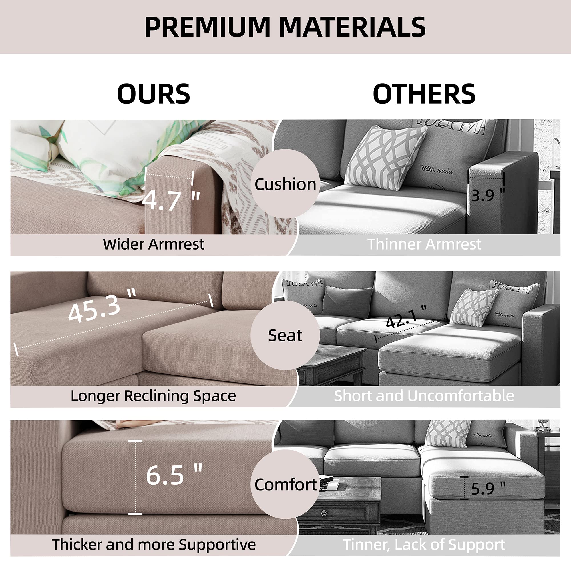 Convertible L-Shaped Sectional Sofa with Storage Ottoman - 3-Seat Modern Linen Reversible Chaise Lounge for Small Spaces (Beige) | Perfect for Apartments, Living Rooms & Home Theater Seating