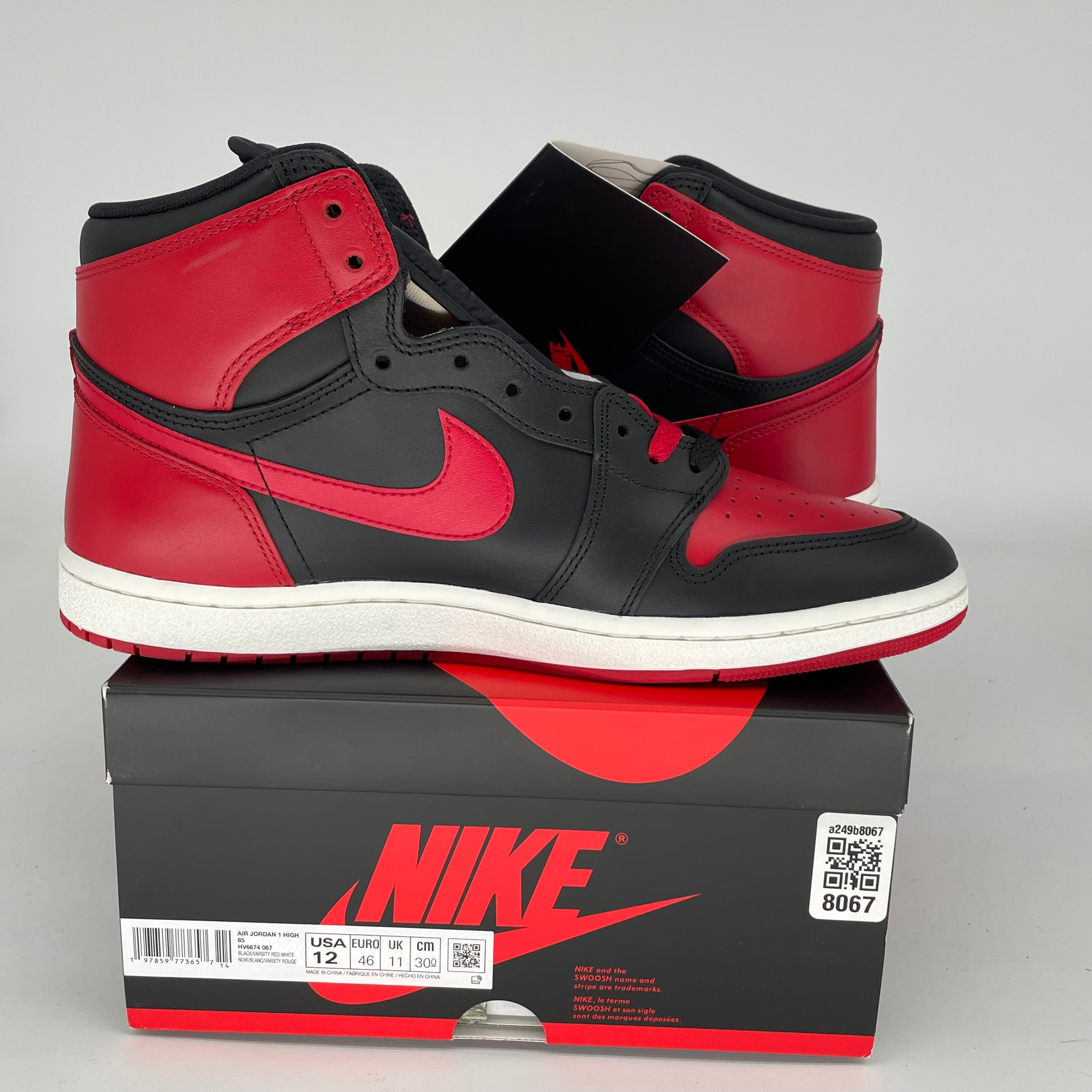 Original Air Jordan 1 Retro High '85 Bred Black/Red Size 12 Men's Basketball Shoes HV6674-067 - Perfect for Sneaker Collectors & Streetwear Fashion