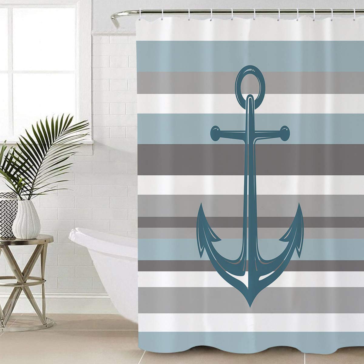 Teamery Waterproof Shower Curtain Set - 60x72 Inches Navy Anchor Striped Bathroom Curtain with Liner | Polyester Fabric for Shower Stall, Bathtub & Bathroom Decor | Perfect for Coastal, Nautical or Beach Theme Bathrooms