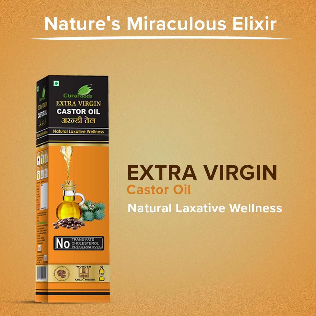 Organic CURA AYURVEDIC & UNANI Castor Oil (Arandi Oil) 200ml - Natural Laxative for Constipation Relief, Hair Growth & Body Massage | 100% Pure Cold-Pressed | For Digestive Health, Skin Care & Hair Treatment (Pack of 2 x 100ml)