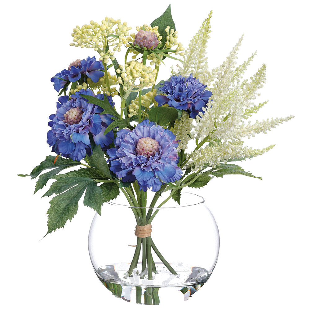 12-Piece Blue Scabiosa & Astilbe Silk Flower Bouquet with Glass Vase - Elegant Home Decor for Wedding Centerpieces, Dining Table Arrangements & Office Desk Decor (Set of 2)