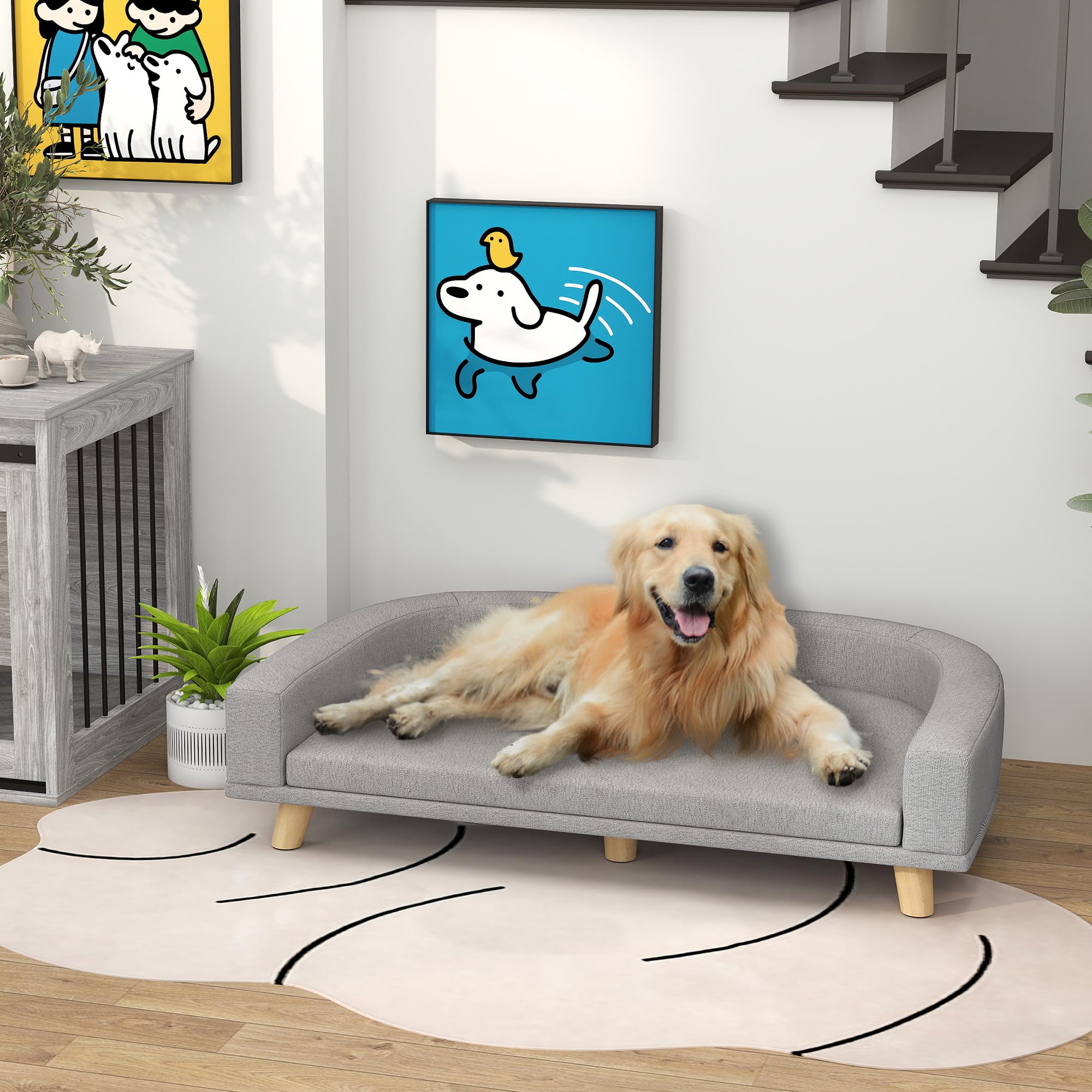 **PawHut Luxury Dog Sofa Couch with Washable Cover & Anti-Slip Mat – Comfortable Pet Bed for Large Dogs, Cats & Kittens – Gray Wooden Legs Design – Perfect for Living Room, Bedroom & Pet-Friendly Spaces**