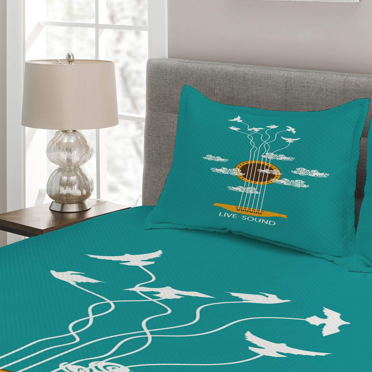 Ambesonne 3-Piece Guitar Themed Quilt Set - Abstract Music Design with Birds on Strings & Clouds, Queen Size Bedspread with 2 Pillow Shams in Turquoise Marigold White | Perfect for Music Lovers' Bedroom Decor, Bohemian Style Home, and Unique Gift Ideas