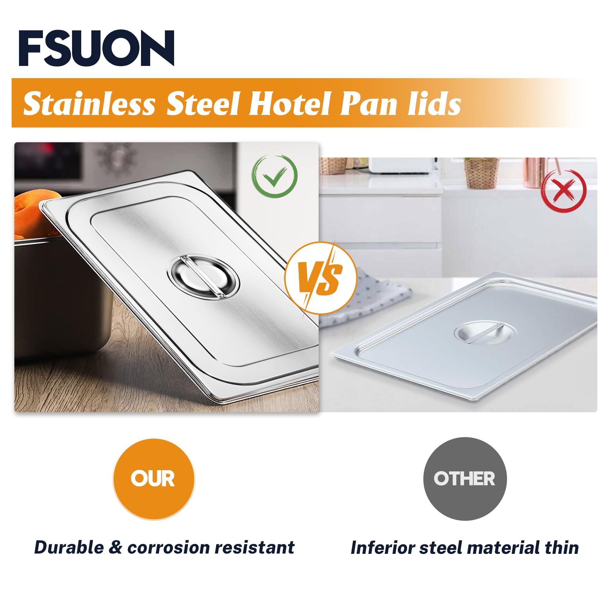FUSON 4-Pack 1/3 Size Stainless Steel Steam Table Pan Covers with Handles - NSF Certified Commercial Food Pan Lids for Hotel Pans & Steam Food Pans - Perfect for Restaurants, Catering & Buffet Service