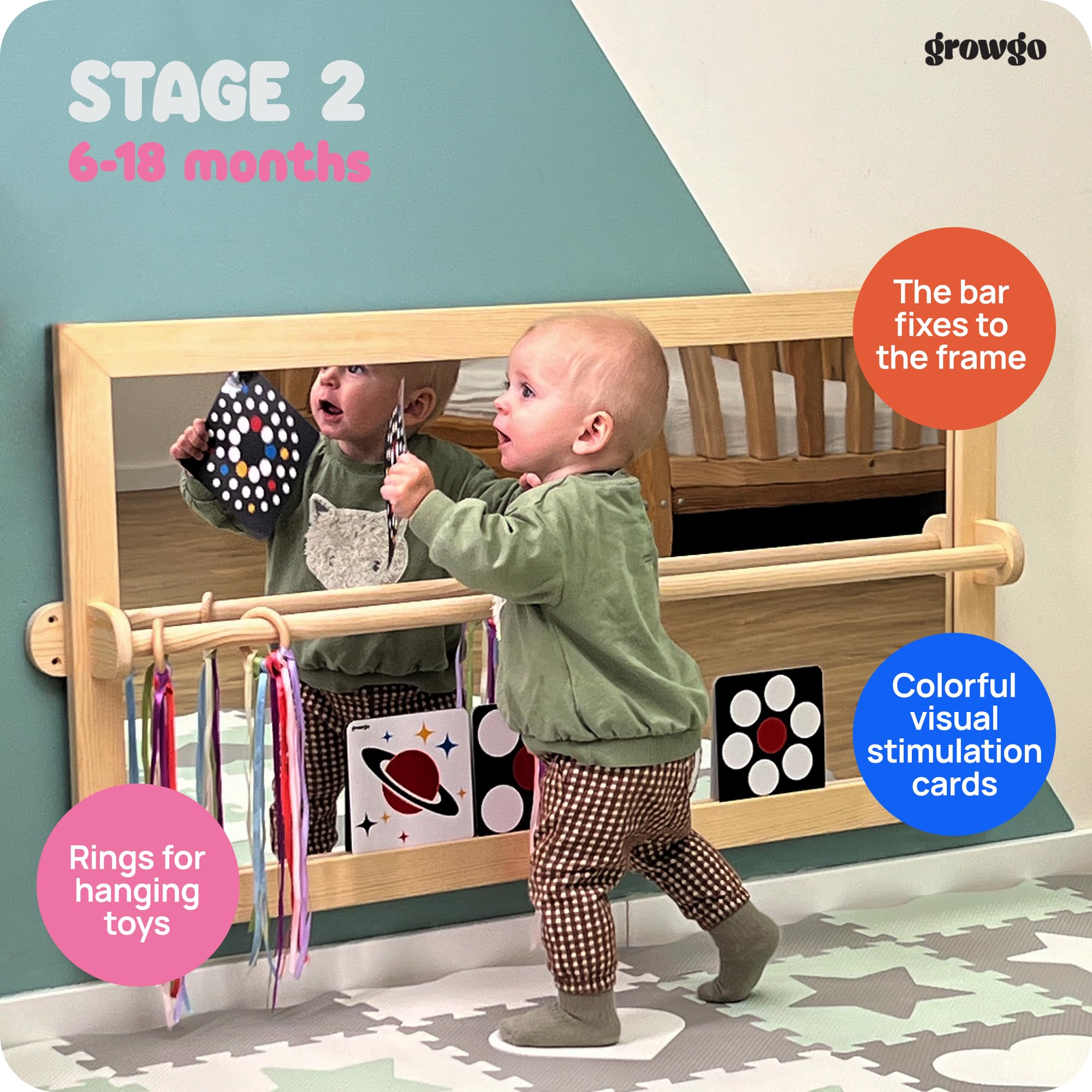 Montessori Baby Mirror Wall - 3-in-1 Shatterproof Mirror with Wooden Pull Up Bar | Safe Infant Development Toy for Crawling & Walking Practice | Perfect for Nursery, Playroom & Montessori Classroom