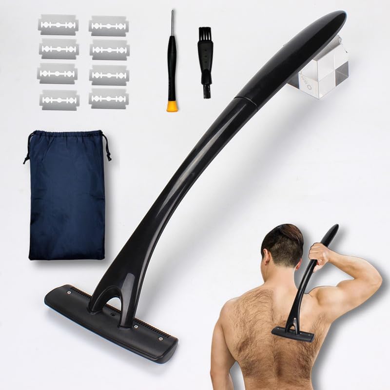 Men's Body Back Shaver with Long Handle - Dark Black Back Hair Removal & Body Groomer - Perfect for At-Home Grooming, Travel & Hard-to-Reach Areas