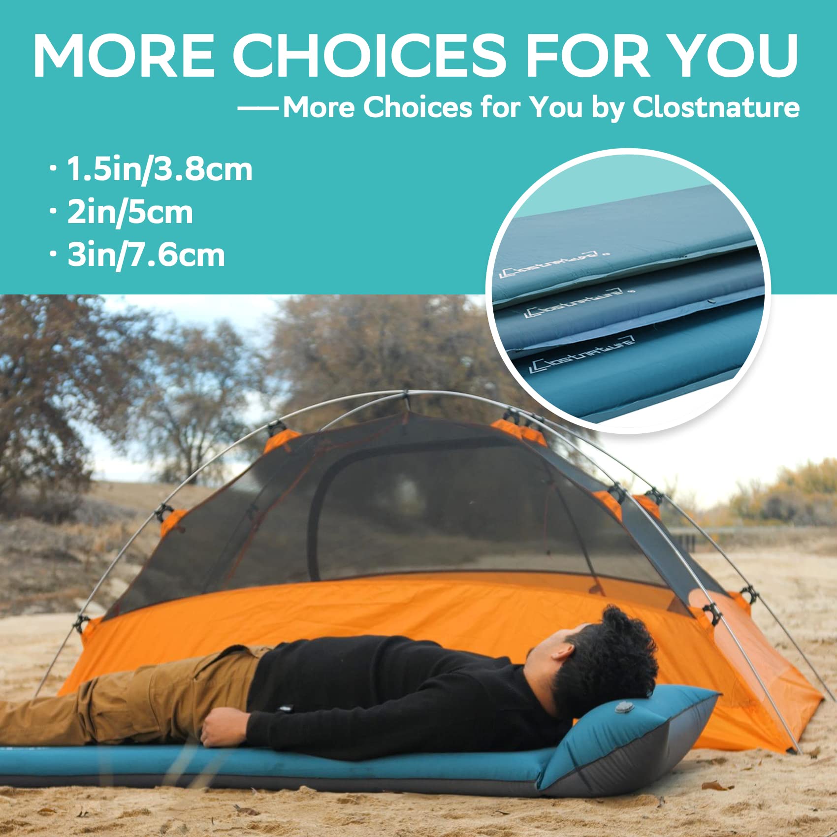 Clostnature Self-Inflating Camping Pad - 1.5/2/3 Inch Lightweight Sleeping Mat for Backpacking, Tent & Hammock Use