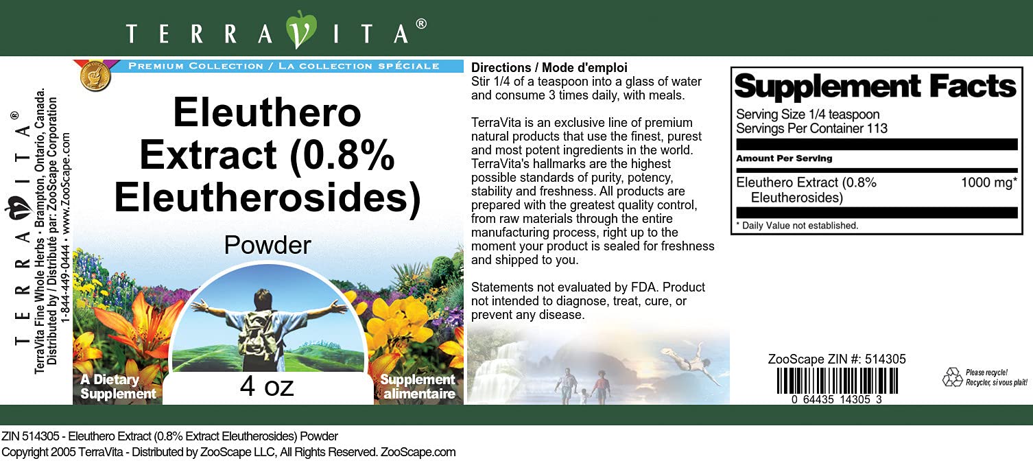 Eleuthero Extract Powder (0.8% Eleutherosides) - 4 oz | Natural Energy Booster & Stress Relief Supplement | Supports Immune System & Vitality for Workout & Daily Wellness