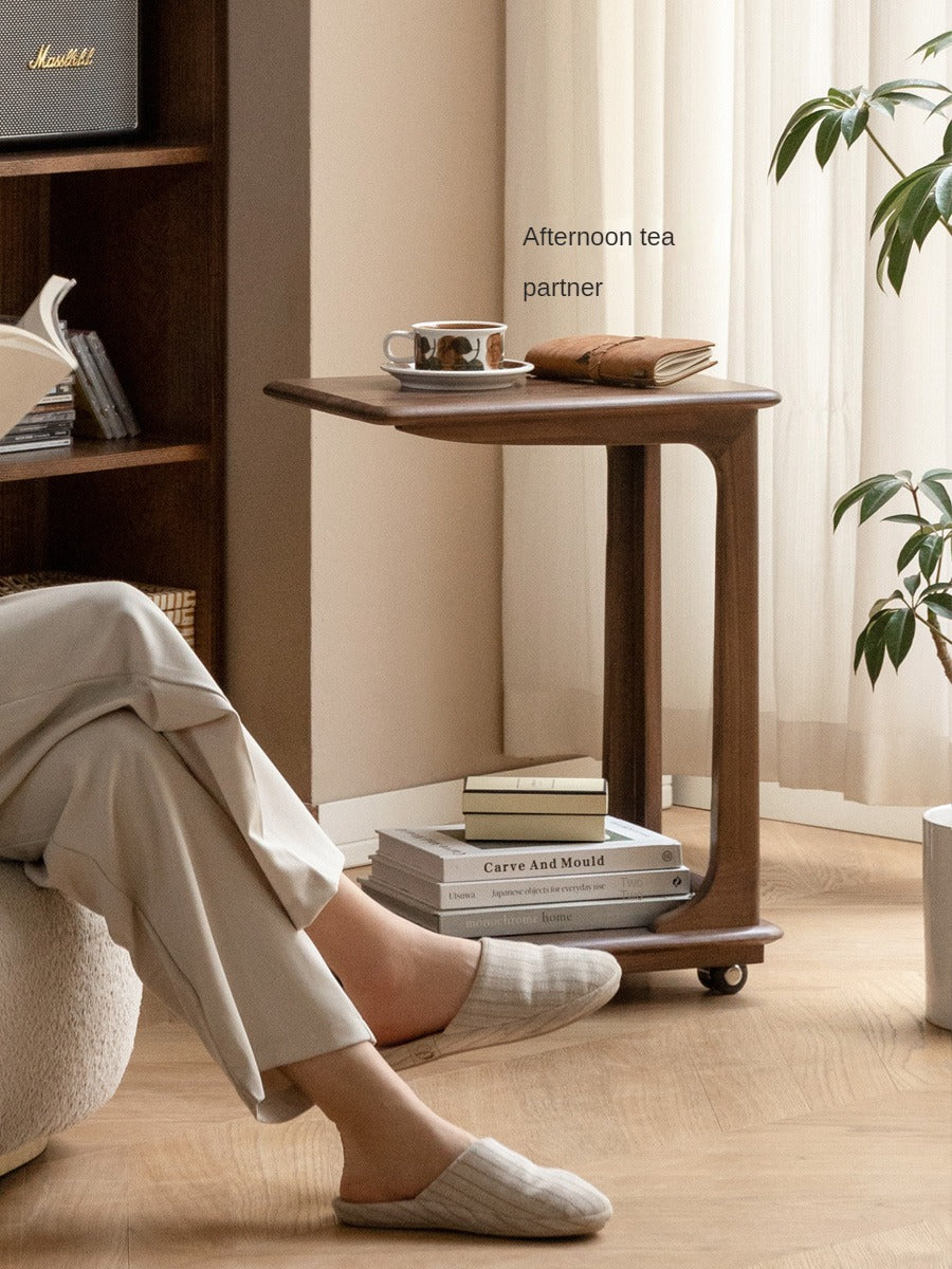 Premium Black Walnut Solid Wood Mobile Side Table - Rolling End Table with Wheels for Living Room, Bedroom, or Office - Natural Wood Nightstand with Storage Shelf