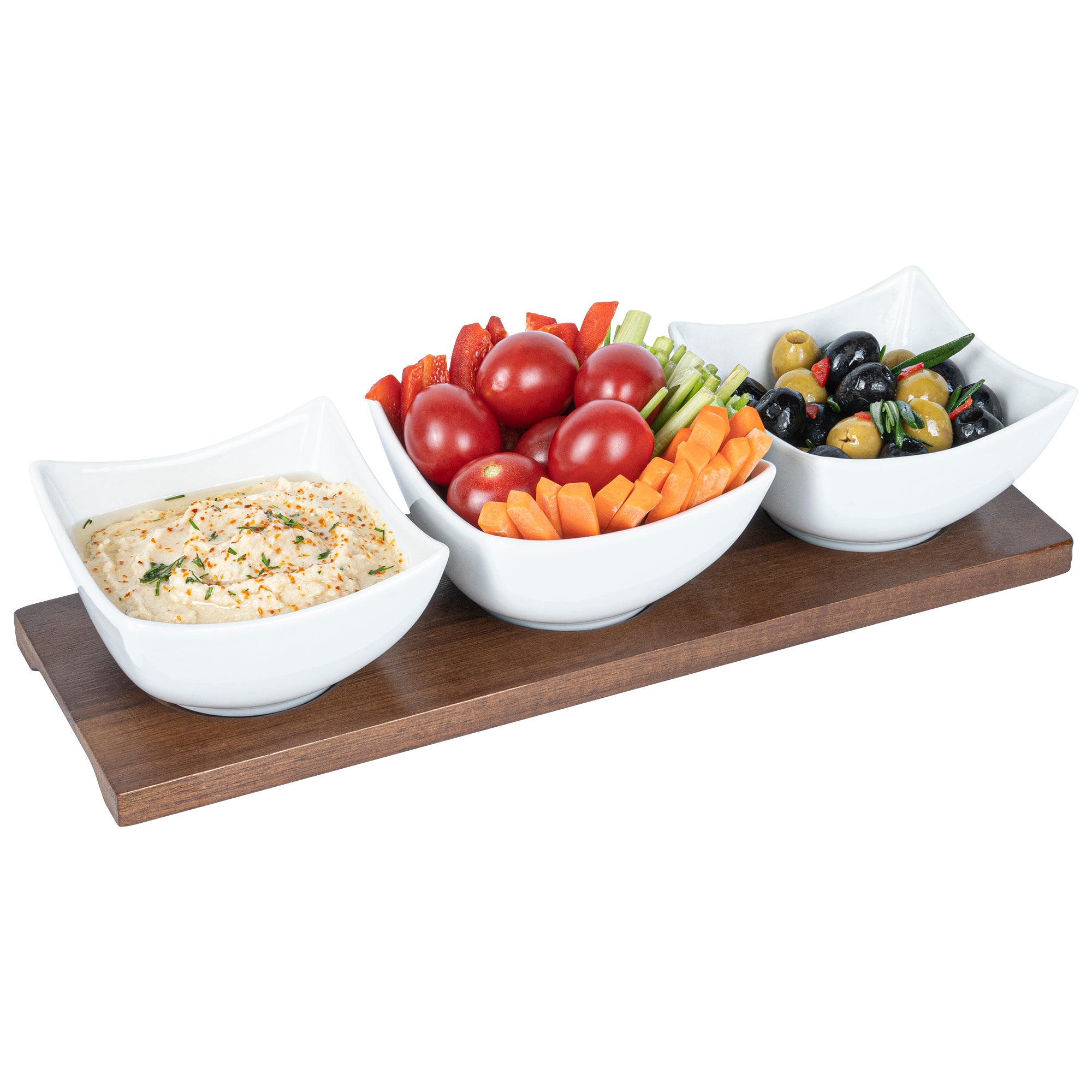 15 oz White Porcelain Cocktail Bowl Set with Bamboo Tray - 3 Rectangle Bowls (12x4x2.5 Inches) for Appetizers, Sushi & Party Snacks - Premium Dinnerware for Home & Restaurant Use