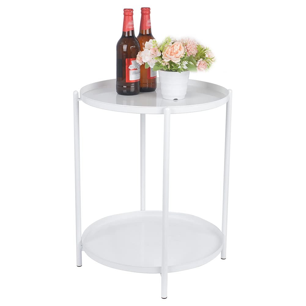 H JINHUI 2-Tier Metal Round Side Table - White End Table for Small Spaces, Bedside Nightstand | Perfect for Living Room, Bedroom & Apartment Decor