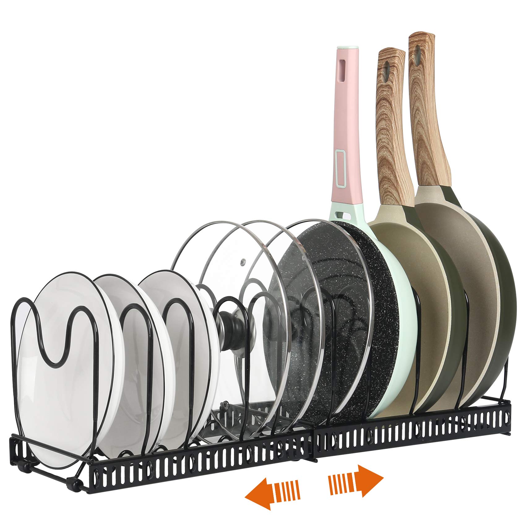 Expandable ROOHUA Pot and Pan Organizer - 10 Adjustable Compartments Lid Holder for Kitchen Cabinet Storage | Perfect for Cookware, Baking & Frying Utensils Organization in Small Spaces