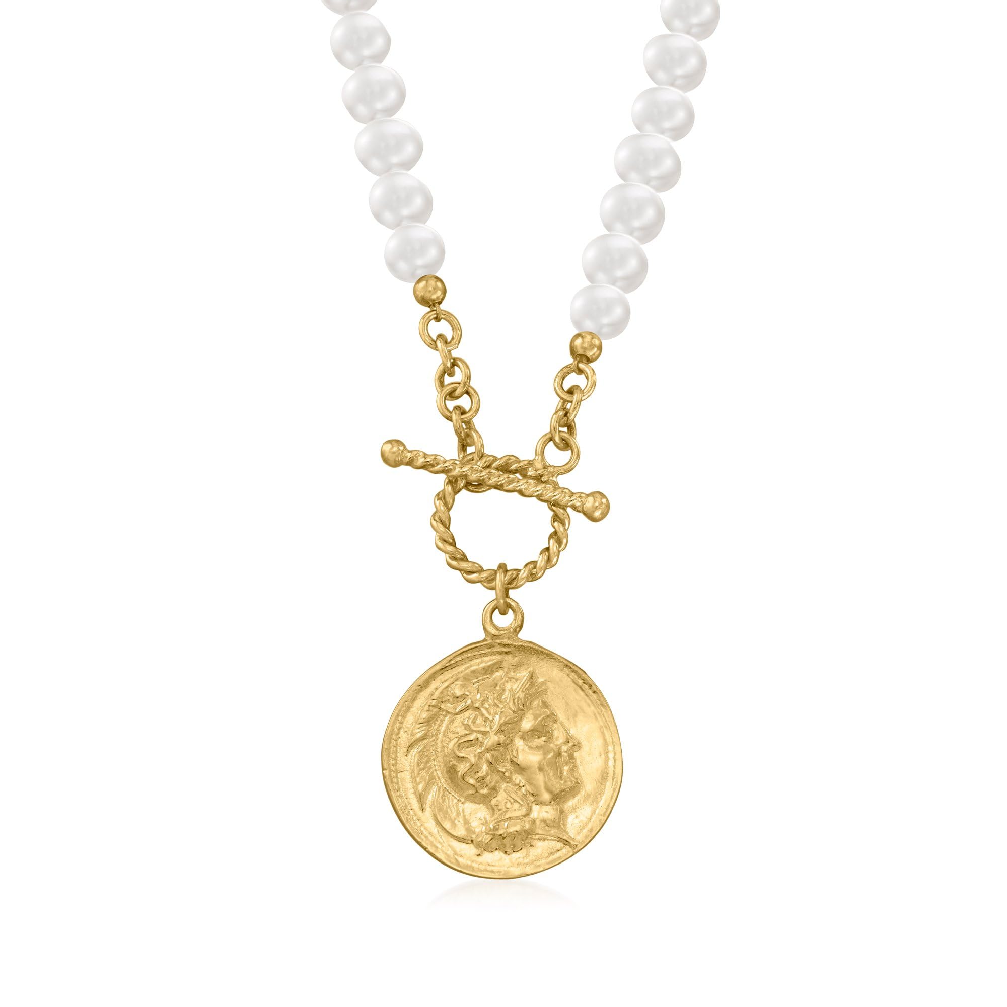 Ross-Simons 5.5-6mm Cultured Pearl & Roman Coin Charm Necklace - 18kt Gold Over Sterling Silver, 18 Inch Chain - Perfect for Weddings, Anniversaries & Special Occasions