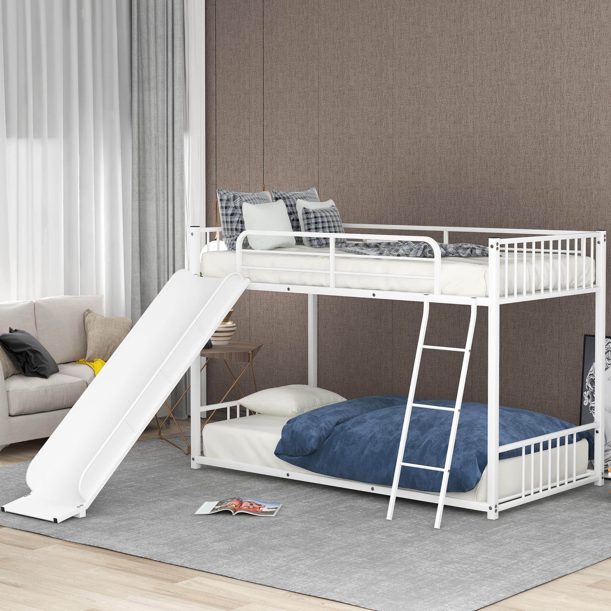 Metal Twin Over Twin Bunk Bed with Safety Guardrail & Slide - Space Saving Kids Bedroom Furniture - Easy Assembly (White) - Perfect for Small Rooms, Shared Kids' Bedrooms & Vacation Homes