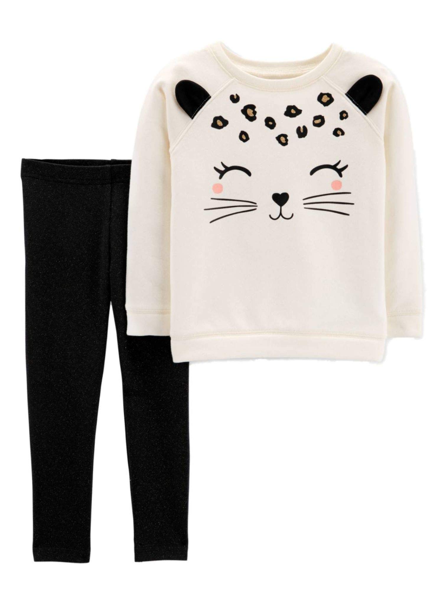 Carters Infant Girls Ivory Cat Sweatshirt & Black Glitter Gold Leggings Outfit Set - Soft Cotton Baby Clothes for Playdates, Photoshoots & Special Occasions