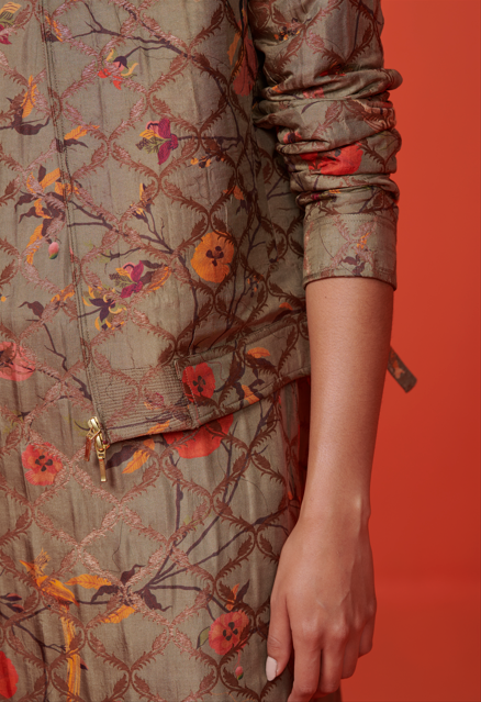 Musafir Jacket - Premium Silk Brocade Olive Green Coat for Women | Elegant Outerwear for Travel, Weddings & Special Occasions