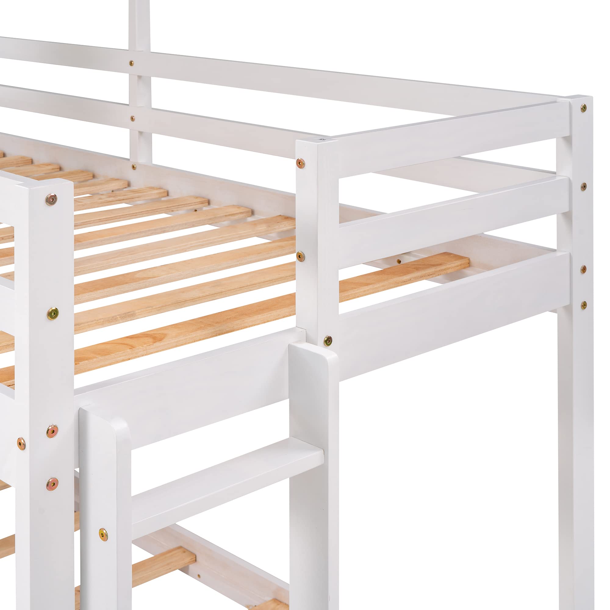 Kids Twin Over Twin Wooden Bunk Bed with Roof, Window & Guardrail - Sturdy Floor Bunk Bed Frame with Ladder, No Box Spring Needed (White & Gray) - Perfect for Small Bedrooms, Shared Kids Rooms & Space-Saving Sleep Solutions