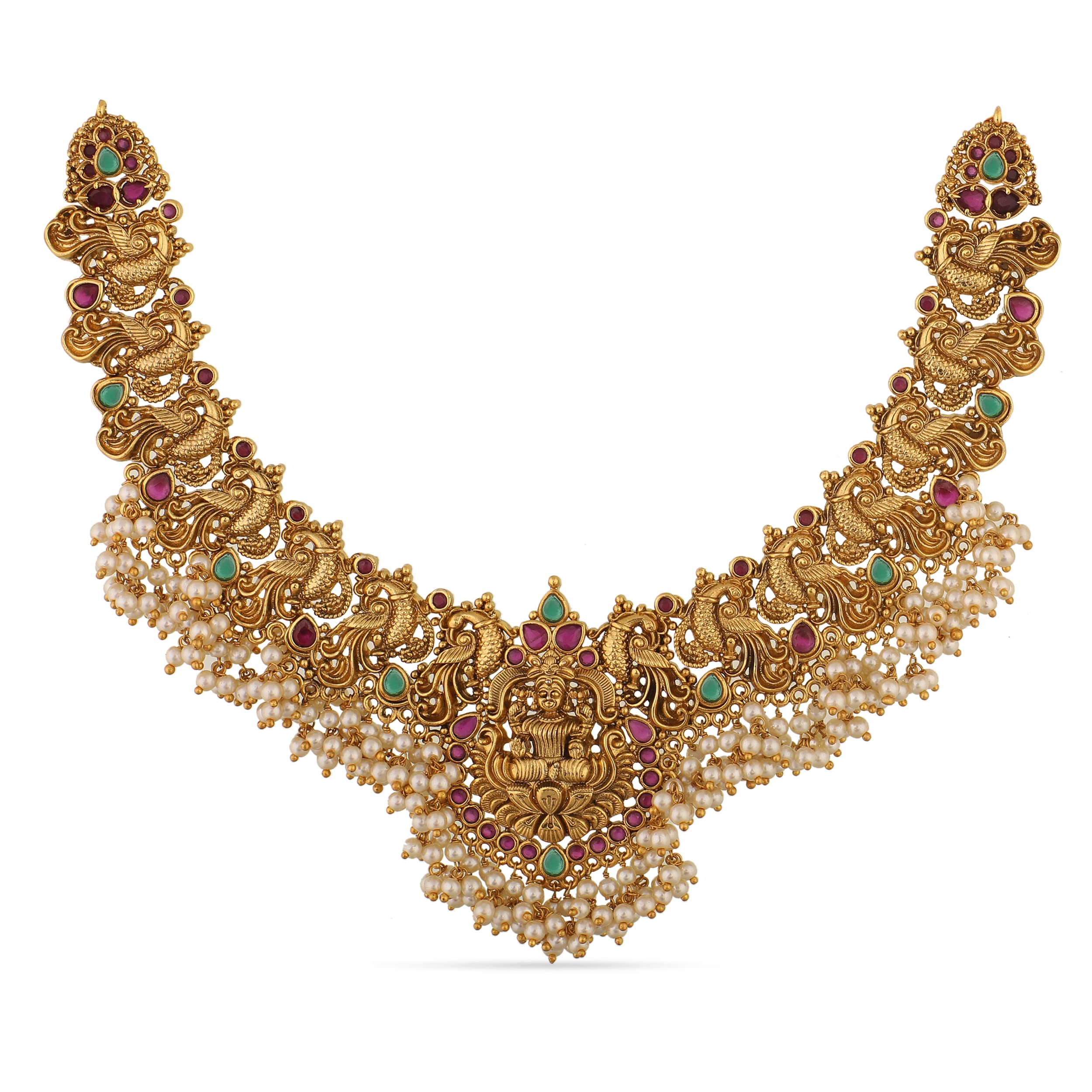 Antique Gold Plated Cira Short Necklace Set with Floral Design - Traditional South Indian Jewelry for Women | Perfect for Weddings, Festivals & Ethnic Occasions | Elegant Bridal Accessory | 1 Year Warranty