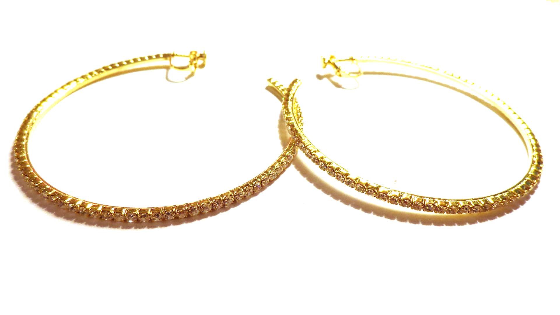 Gold Tone Crystal Clip-on Hoop Earrings for Non-Pierced Ears – 2.75 Inch Fashion Jewelry for Women, Perfect for Parties, Weddings & Everyday Wear