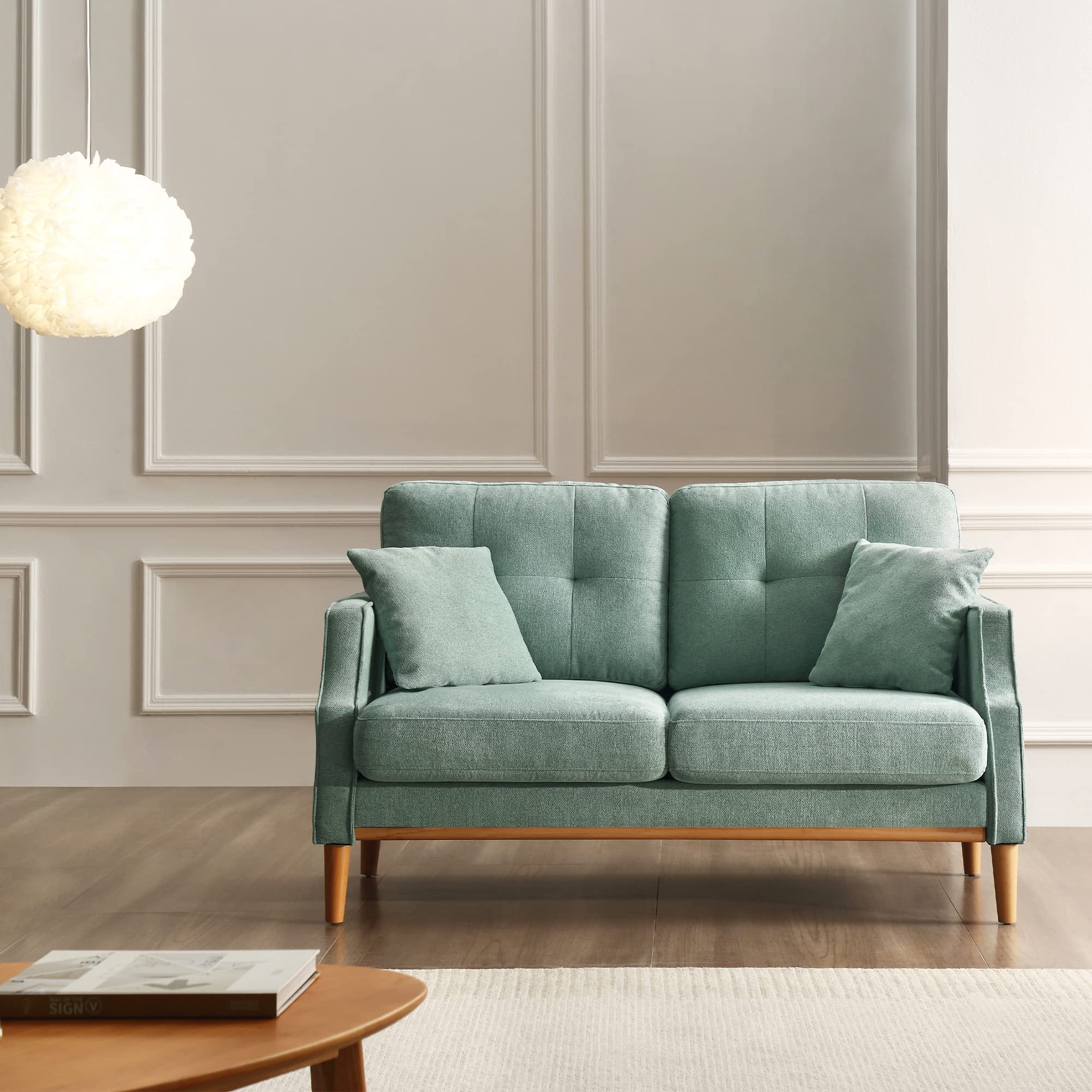 Modern 2-Seater Upholstered Sofa with Wood Legs & 2 Pillows - Linen Fabric Sectional Couch for Small Spaces - Perfect for Living Room, Bedroom, Apartment, Dorm & Office - Blue (Ideal for Compact Homes, Cozy Lounging & Small Space Decor)