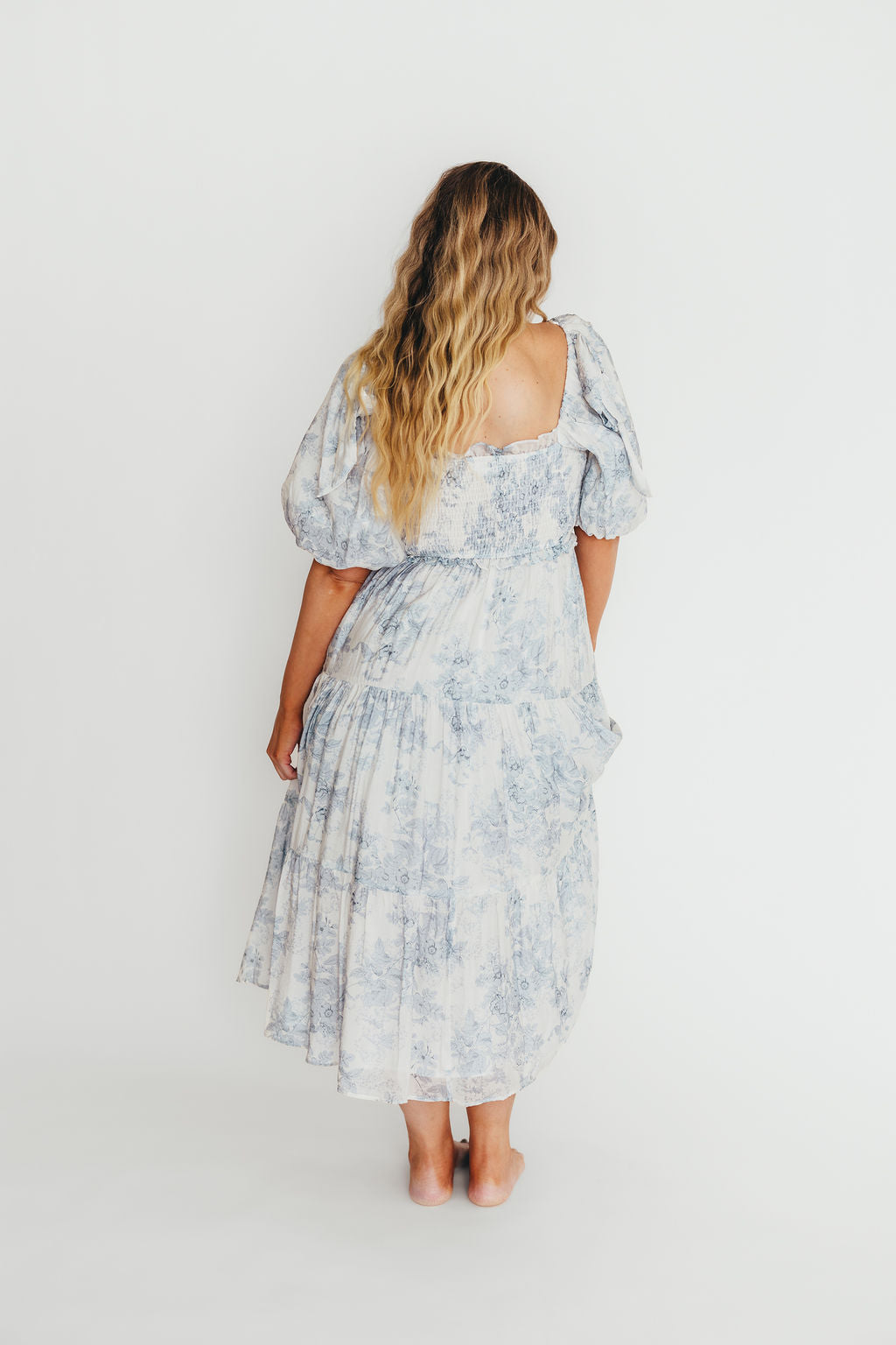 Elena Floral Print Smocked Midi Dress in Blue - Bump Friendly Maternity Dress & Inclusive Sizing for Women - Perfect for Baby Showers, Bridal Events & Summer Weddings