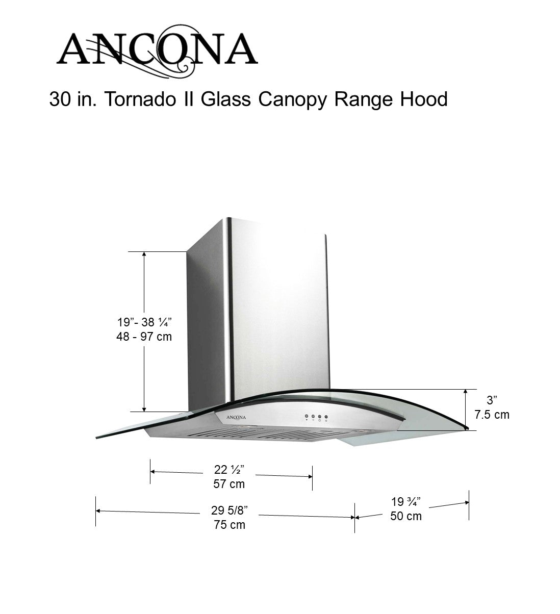 30 Inch Tornado II 600 CFM Wall Mount Range Hood with Glass Canopy - Powerful Kitchen Ventilation for Smoke, Odor & Grease Removal - Perfect for Modern Kitchens & Cooking Enthusiasts