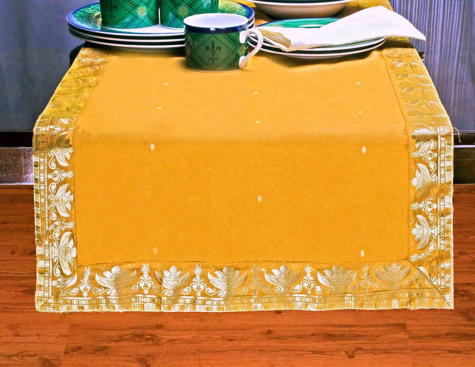 Handmade Indian Silk Sari Table Runner with Golden Borders - 14x84 Inch Autumn Pumpkin Design for Weddings, Parties & Home Decor | Elegant Dining Table Cover for Thanksgiving, Fall Celebrations & Special Occasions